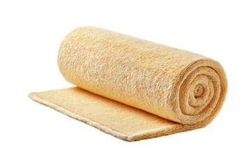A yellow towel is rolled up on a white background. The towel is unrolled and has a soft texture