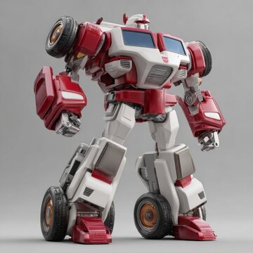 Red and white robot standing, with wheels as arms and legs on a plain grey background, resembling a character from the Transformers franchise