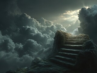 Stairway to heaven through dramatic clouds, dark fantasy hyper-realistic background for concept art, game scenes, book covers