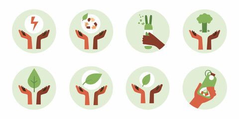 Hands holding symbols of environmental care and sustainability including energy recycling plants and nature conservation