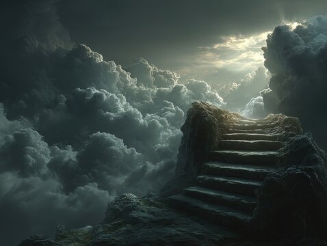 Stairway to heaven through dramatic clouds, dark fantasy hyper-realistic background for concept art, game scenes, book covers