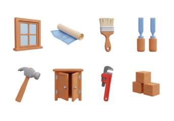 3d icon of assortment of home renovation and diy tools, isolated on transparent background