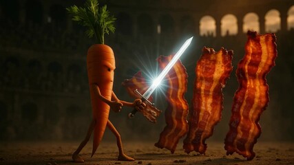 Carrot warrior battles crispy bacon in an epic showdown in an ancient arena