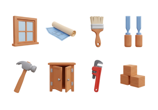 3d icon of assortment of home renovation and diy tools, isolated on transparent background