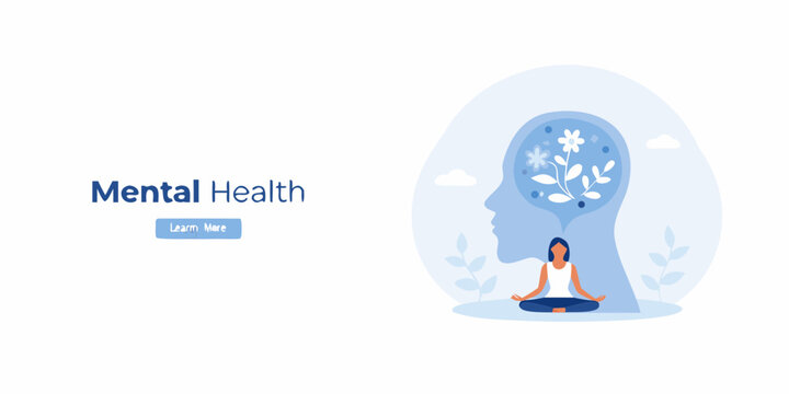 Woman meditating inside a silhouette of a head with flowers representing mental health and well being - Powered by Adobe