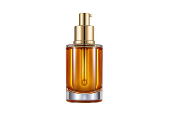 Naklejka premium A bottle of perfume with a gold top. The bottle is clear and has a gold cap. The bottle is sitting on a white background