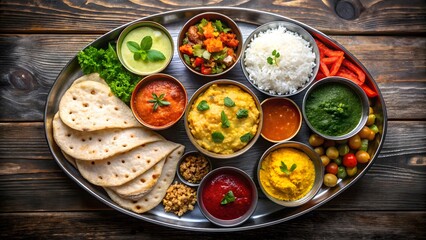 Vibrant indian thali feast showcasing diverse curries, rice, bread, and accompaniments