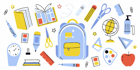 Collection of colorful school supplies and stationery items arranged in a playful pattern