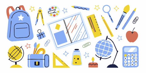 Collection of colorful school supplies and stationery items arranged on a white background