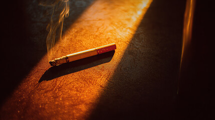 A cigarette smoking on a dark surface, with a dramatic shaft of golden light highlighting the smoke and casting a long shadow.