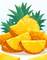 Sliced pineapple with vibrant yellow flesh and green tropical leaves