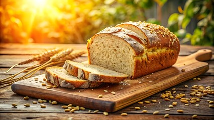 Warm loaf of sliced whole wheat bread fresh baked on wooden cutting board in sunlight