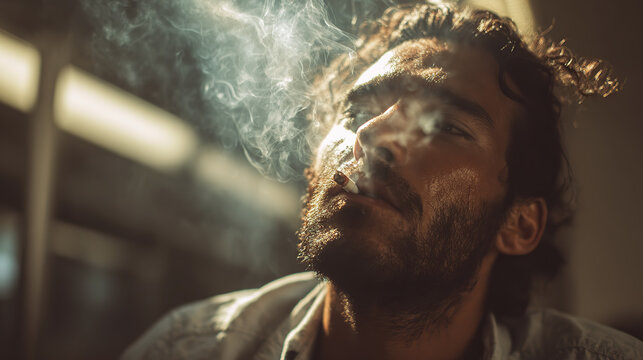 A man with a beard and curly hair, with a thoughtful expression, smoking a cigarette and looking upwards with smoke rising in the air. - Powered by Adobe