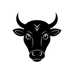 Illustration of a black bull head facing on transparent background silhouette