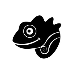 Black silhouette of a smiling chameleon on transparent background