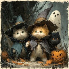 Cute Halloween Cats in Spooky Forest