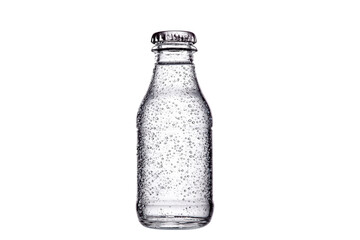 A clear glass bottle with a cap on top. The bottle is empty and has a lot of water droplets on the outside