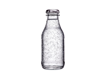 A clear glass bottle with a cap on top. The bottle is empty and has a lot of water droplets on the outside