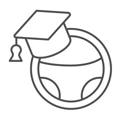Steering wheel and hat thin line icon, driver license concept. Vector graphics. Wheel and driving school graduation cap sign on white background, outline style icon for mobile or web design.