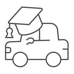 Car vehicle with graduation cap thin line icon, driver license concept. Vector graphics. Hat with automobile, transport sign on white background, outline style icon for mobile or web design.