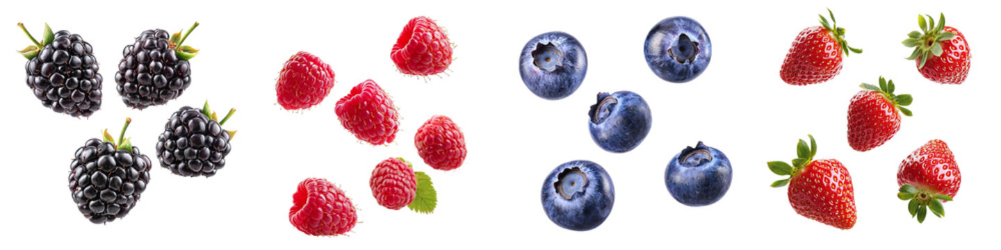 Set of falling berries raspberries, blackberries, blueberries and strawberries isolated on transparent background PNG