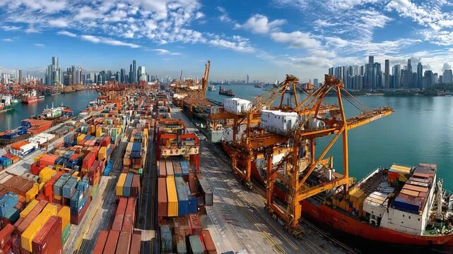 Global Hub of Commerce: A panoramic view captures the bustling activity of a modern port, showcasing container ships, cranes, and the organized chaos of international trade under a clear sky. 