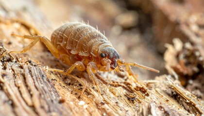 Close-up of a light brown insect, seemingly a type of wood louse, meticulously detailed on a weathered, light brown wood surface.