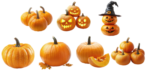 Set of spooky Halloween pumpkins with scary faces isolated on transparent PNG background. Creepy jack o lantern collection for October holiday, party decoration and seasonal design