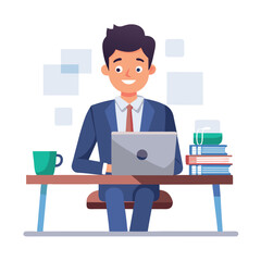 Business man working on laptop at desk vector