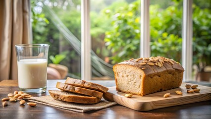 Fresh baked nutty bread with a glass of milk by sunlit window