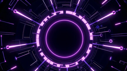 Futuristic Purple Circular Technology with Neon Glow and Intricate Circuitry Design, Evoking Innovation and Advanced Systems