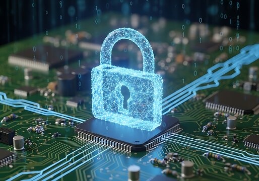 A glowing blue padlock symbol superimposed on a computer processor chip, representing digital security and data protection