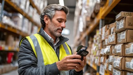 Warehouse Stock Verification: A diligent individual, amidst towering shelves laden with inventory, meticulously scans items, ensuring seamless operations and efficient order fulfillment.