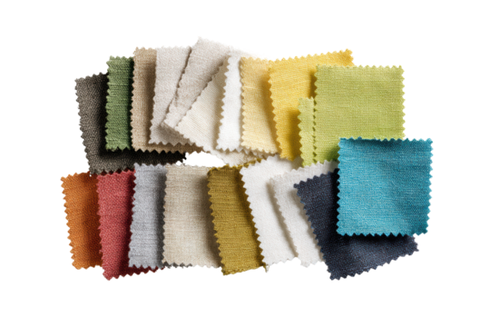 A row of colorful fabric swatches, each with a different pattern and color. The variety of colors and patterns creates a sense of diversity and creativity