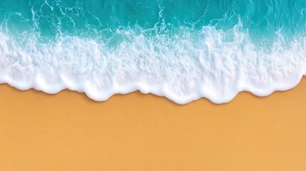 Aerial view of turquoise waves gently lapping against a sandy beach, perfect for travel blogs, vacation promotions, and relaxation themes, Captures the essence of seaside beauty and tranquility,