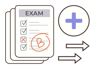 Fototapeta premium Exam paper stack featuring grade marks, checklist ticks, cross, large B grade, medical plus sign, and forward arrows. Ideal for education, evaluation, grading progress success planning