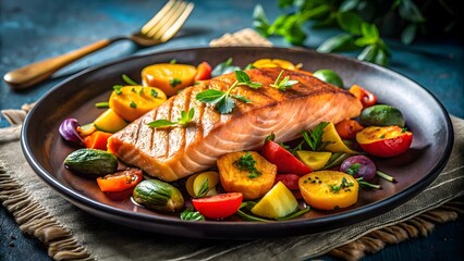 Fresh diet food grilled salmon fillet with roasted vegetables and fresh herbs