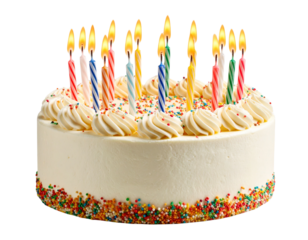 “Festive Birthday Cake with Colorful Candles and Glowing Lights, Isolated on Transparent Background”