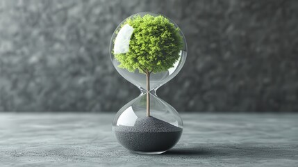 A conceptual image of a tree growing inside an hourglass with black sand, symbolizing time, growth, and the environment, Ideal for eco-friendly projects, sustainability campaigns