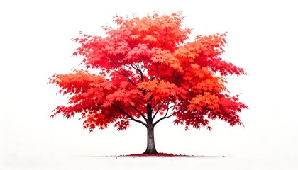 A vibrant, autumnal maple tree stands out against a plain white background, showcasing rich red hues and a painterly style.