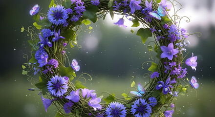 A close-up of a beautiful floral wreath with purple and blue flowers, and butterflies.