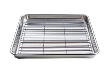 A baking tray with cooling rack. The pan is silver and has a white background