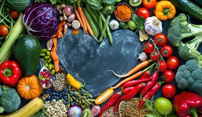 A vibrant array of fresh vegetables and herbs arranged in a heart shape on a chalkboard