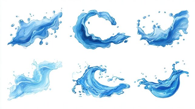 Various artistic illustrations of flowing water in different shapes and motions, Ideal for use in design projects, advertisements, or as backgrounds for topics related to nature, hydration