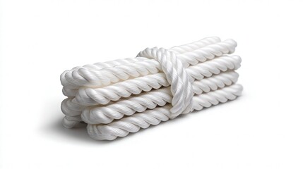 A neat bundle of white rope is displayed on a plain background, ideal for representing strength and versatility in various contexts such as construction, nautical themes, or DIY projects,