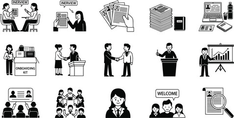 Human resources recruitment icons showing interview process, resume review, employee onboarding kit, career growth, teamwork collaboration, staff training and employee success