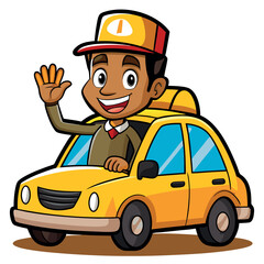 A cheerful taxi driver waves from his car
