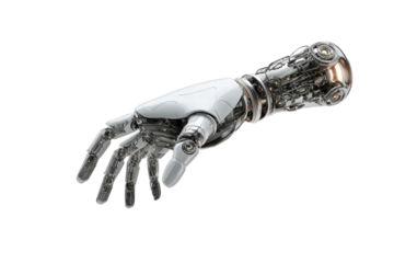 A robotic hand is shown in the air, with its fingers extended. Concept of futuristic technology and the potential for advanced robotics to replace human hands