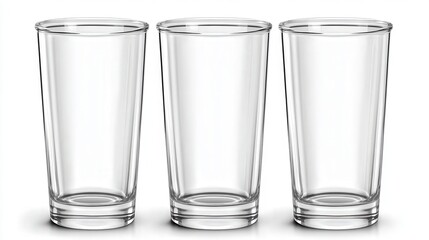 Three clear drinking glasses are aligned neatly, showcasing their sleek design, Ideal for showcasing beverages, this image works well for restaurant menus, cocktail recipes, or home decor blogs,