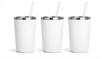 Three sleek, white tumblers with stainless steel rims and straws, ideal for promotional materials, branding, or product showcase, Perfect for beverage-related advertising or lifestyle imagery,